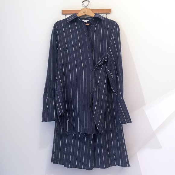 ALIGNE Pinstripe Lyocell Linen Wrap Front Shirt and Wide Leg Pants Sets Size 2 - Picture 5 of 15